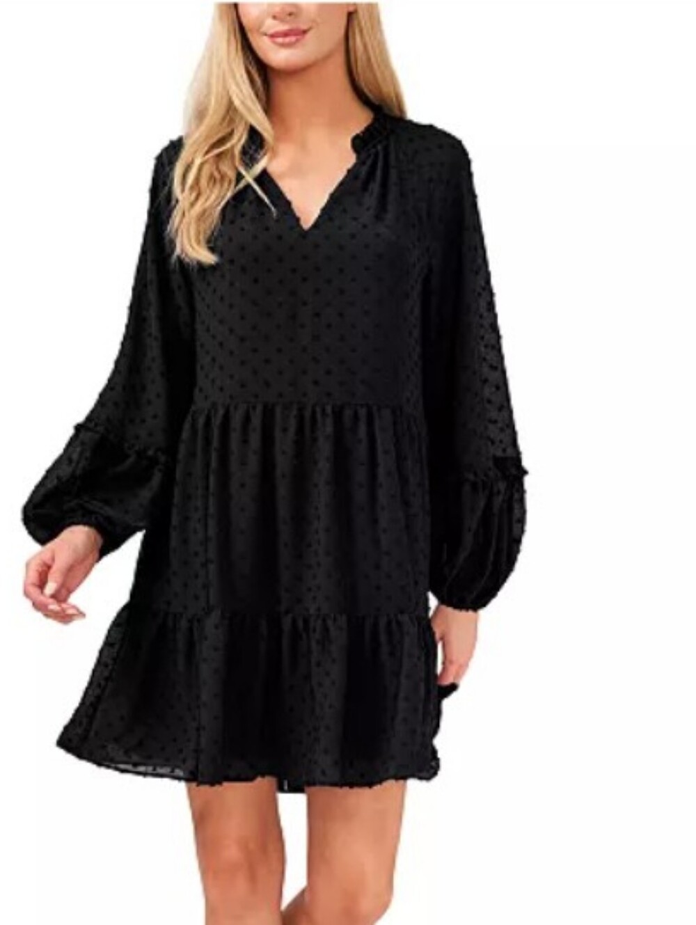 CeCe Navy Blue Baby Doll Swiss Dot Tiered Mini Dress. NWOT. Size M
